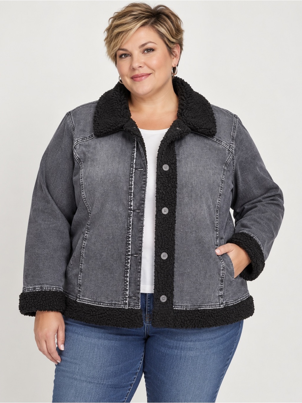 LOGO Lori Goldstein 30W Gray Denim Jacket Black Sherpa Trim Plus Size